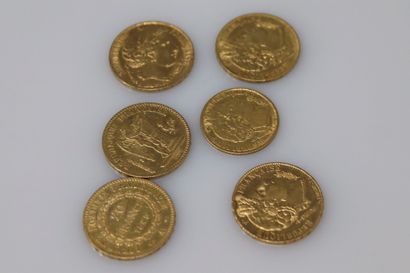 null IIe REPUBLIQUE
Lot de 6 monnaies d'or : 
20 Francs Génie 1848, 1849
20 Francs...