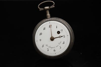 null Silver pocket watch, white enamel dial, Arabic numerals. Inscription "Brugiers...
