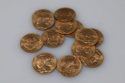13 gold coins of 20 Francs au Coq, (1907).
Weight...