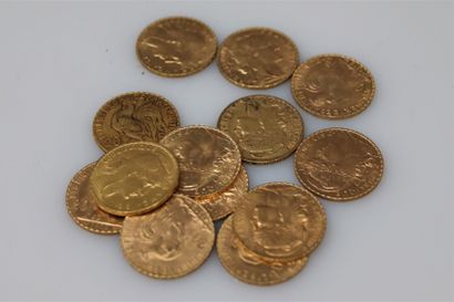 13 gold coins of 20 Francs with the Rooster...