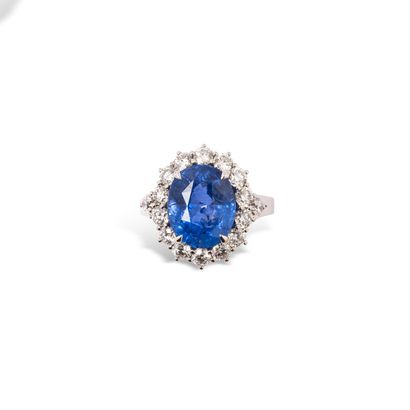 null 18K (750) white gold ring set with an oval sapphire surrounded by 14 round brilliant-cut...