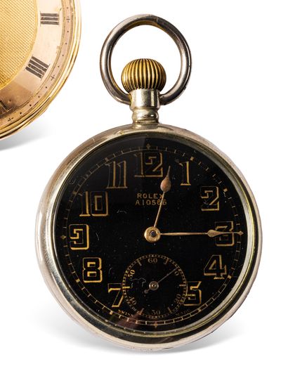 null ROLEX 

Circa 1930

Steel pocket watch of military type, black dial, Arabic...