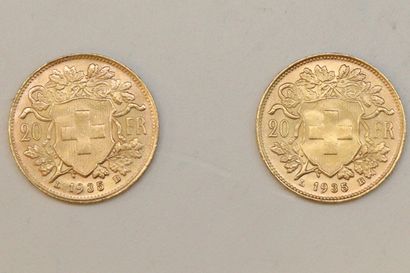 null Lot of two gold coins of 20 francs Vreneli (1935 LB)

SUP. 

Weight : 13.9 ...