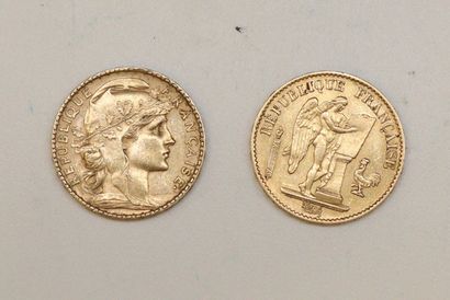 Lot de deux pièces en or de 20 francs comprenant...