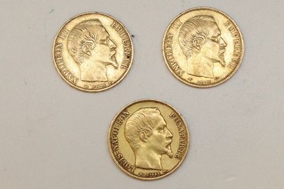 null Lot of three gold coins of 20 francs Napoleon III bare head (1852 A; 1854 A;...