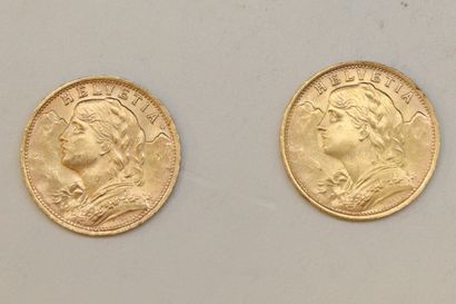 Lot de deux pièces en or de 20 francs Vreneli...
