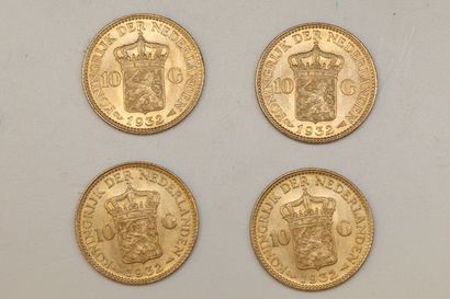 null Lot de quatre pièces en or de 10 gulden (1932 x 4)

TTB à SUP. 

Poids : 26.86...