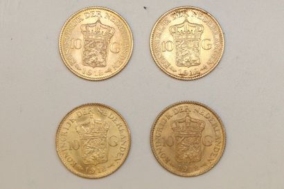 null Lot de quatre pièces en or de 10 gulden (1912 x 4)

TTB à SUP. 

Poids : 26.86...