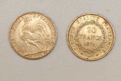null Lot de deux pièces en or de 20 francs comprenant : 

- Génie (1878 A) 

- Coq...