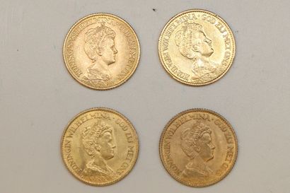 Lot de quatre pièces en or de 10 gulden (1912...