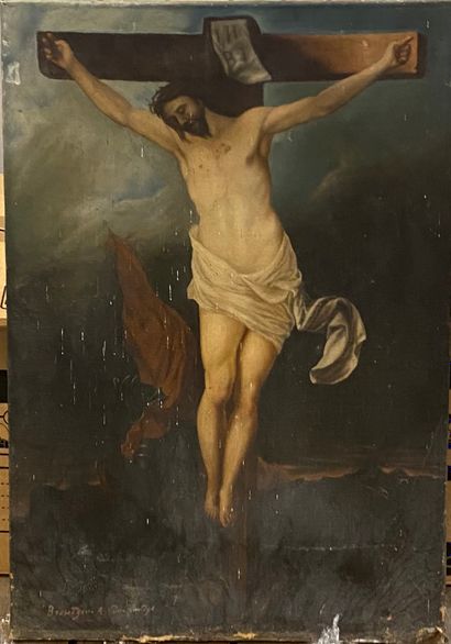 null School XIXth 

Christ on the cross

Oil on canvas, annotated lower left "BROUTZOU....
