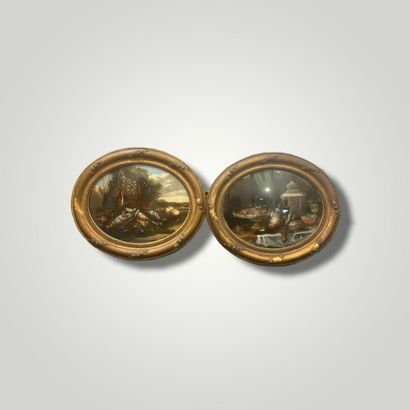 null Pair of fixed under glass representing for one a still life with game in an...