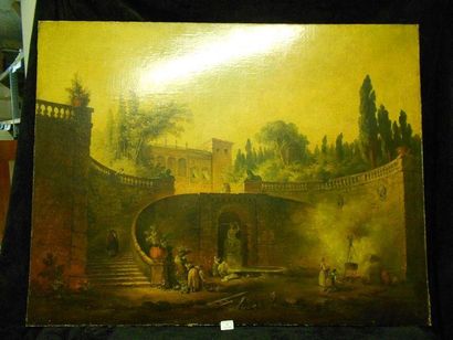 ROBERT Hubert (D'après) (1733 -1808) Blanchisseuses à la fontaine Huile sur toile....