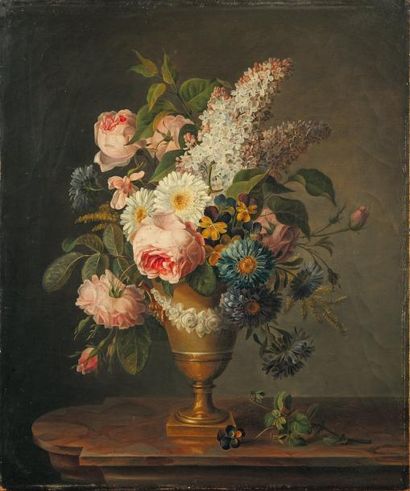 BELLANGER S. École FRANÇAISE du XIXe siècle Bouquet de fleurs dans un vase Empire...