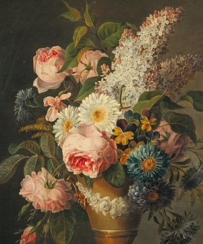 BELLANGER S. École FRANÇAISE du XIXe siècle Bouquet de fleurs dans un vase Empire...
