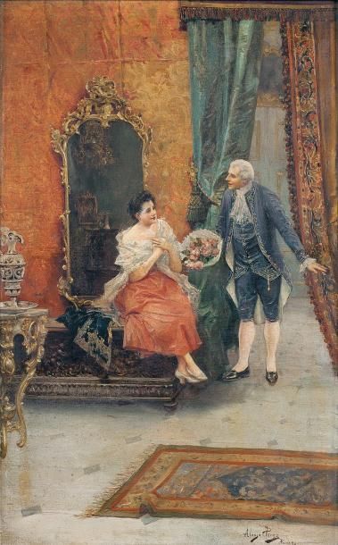 ALONZO PEREZ Mariano (1857-1930) La visite galante au bouquet de roses, Paris 1892...