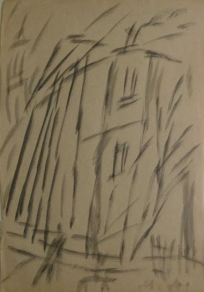 LARIONOV Mikhail, 1881-1964 Façades rayonnistes Lavis d'encre noire sur papier beige...