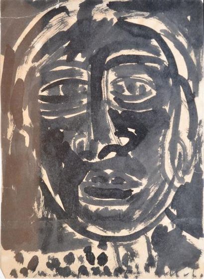 LARIONOV Mikhail, 1881-1963 Visage Encre noire sur papier beige (petites déchirures),...
