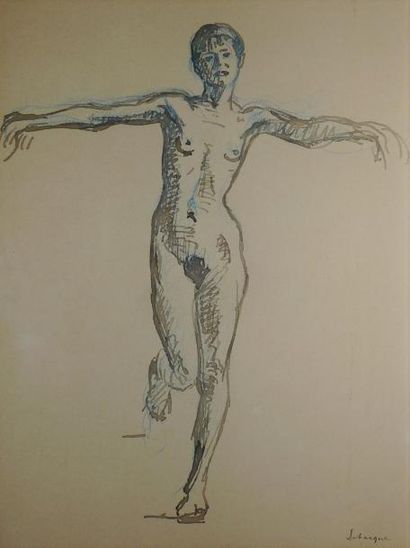 LEBASQUE Henri, 1865 -1937 Nu en équilibre Plume, encre brune et crayon de couleur...