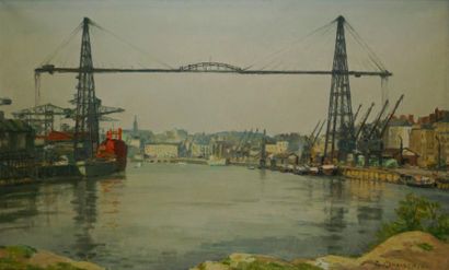 LEMASSON Paul, 1897-1971 Le pont transbordeur de Nantes Huile sur toile, signée en...