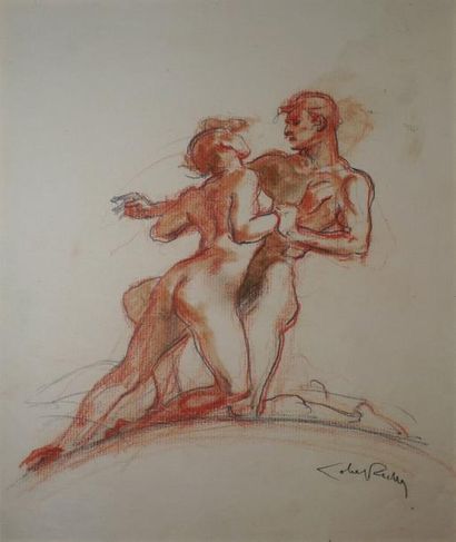 LOBEL-RICHE Alméry, 1880-1950 Nu allongé - Couple Deux dessins au fusain, mine de...