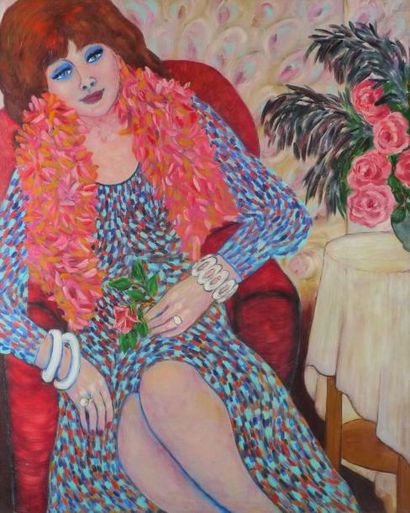 MIARCZYNSKI Aleksandra, née en 1923 Femme au bôa rose Huile sur toile, non signée,...