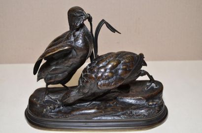MOIGNIEZ Jules, 1835 -1893 Deux perdrix picorant du blé Groupe en bronze à patine...