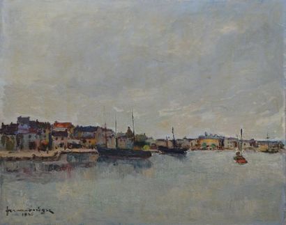 NEGRE Fernand, 1899 -1985 Port animé, 1958 Huile sur toile, signée et datée en bas...