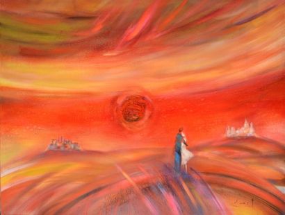 SMET René, né en 1929 Le soleil rouge aux amoureux Acrylique sur toile, signée en...