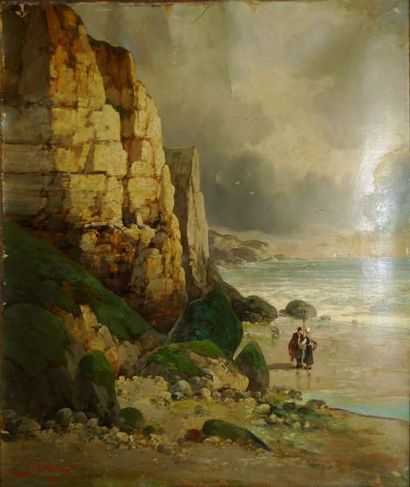 VAN WYK Henri, né en 1833 Couple de pêcheurs devant les falaises en Normandie, 1886...