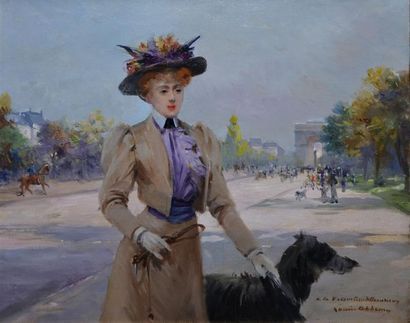 ABBEMA Louise, 1858 -1927 Élégante et son chien avenue Foch Huile sur toile (quelques...