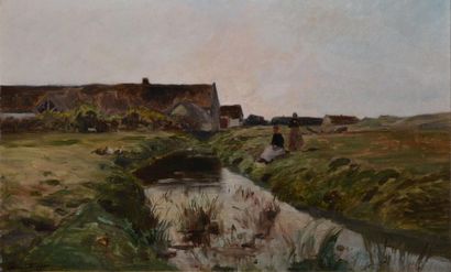 YON Edmond, 1836 -1897 Deux paysannes au bord du ruisseau Huile sur toile (doublée),...