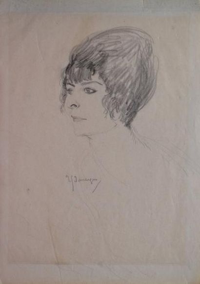 DOMERGUE Jean Gabriel, 1889 -1962 Jeune femme brune en buste Crayon noir sur papier...