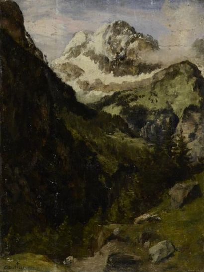 DUTILLEUX Constant, 1807-1865 Montagne et vallée en Suisse, 1854 Huile sur papier...