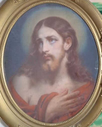 FANTIN-LATOUR Théodore, 1805 -1872 Christ en buste Pastel de format ovale (piqûres),...
