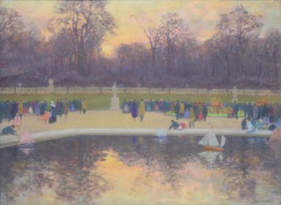 JANSSAUD Mathurin, 1857-1940 Le bassin Luxembourg au crépuscule Pastel (léger frottement),...