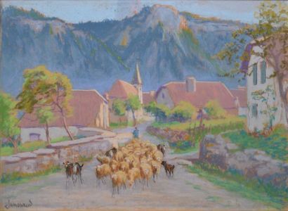 JANSSAUD Mathurin, 1857-1940 Village de montagne au troupeau - Troupeau en montagne...