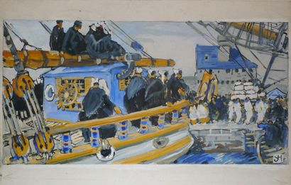 JEAN-HAFFEN Yvonne, 1895 -1993 Arrivée au port en Bretagne Gouache, monogramme en...