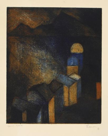 PADAMSEE Akbar (né en 1928) Paysage aux toits, 1958 Eau-forte en couleurs (légère...