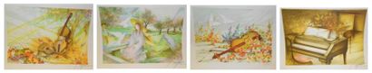 POULET Raymond (né en 1934) Sujets divers 4 lithographies en couleurs sur soie et...