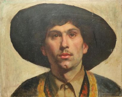 ANONYME, fin XIXe siècle Espagnol au sombrero Huile sur toile (griffures), non signée,...