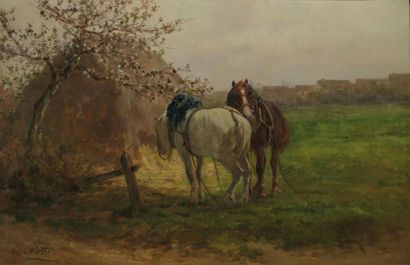 CALVES Léon Georges, 1848-1923 Chevaux devant une meule de foin Huile sur toile rentoilée...