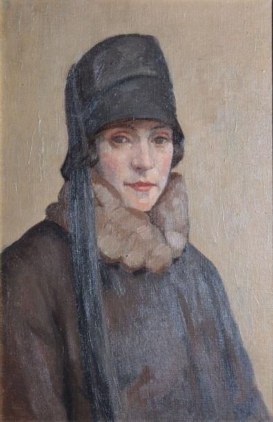 ÉCOLE MODERNE Femme au chapeau cloche, circa 1920 Huile sur toile, non signée, 41x27...