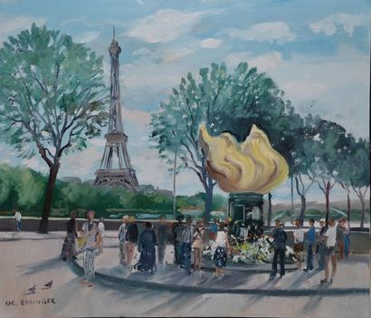 EHLINGER Christian, né en 1931 La place de l'Alma et la Tour Eiffel Huile sur toile,...