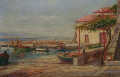 FÉLIX-ROBERT, XXe siècle Les barques à Saint Tropez Huile sur toile (petit manque),...