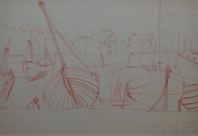GENIS René, 1922-2004 Port breton à marée basse, 1970 Crayon rouge sur papier gris,...