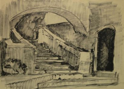 HERVIGO Gustave, 1896-1993 Escalier sous une arche Plume et lavis d'encre noire,...