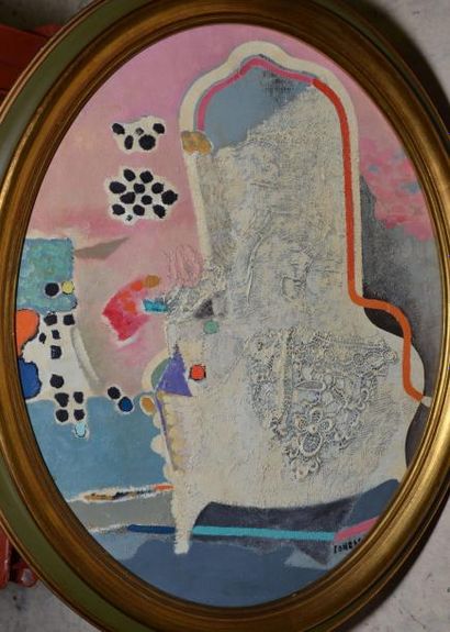 IONESCO, XXe siècle Le fauteuil Huile et matériaux textiles sur toile de format ovale,...