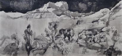 JACUS Jean Théobald, né en 1924 Paysage du Sud Encre noire sur toile, signée en bas...