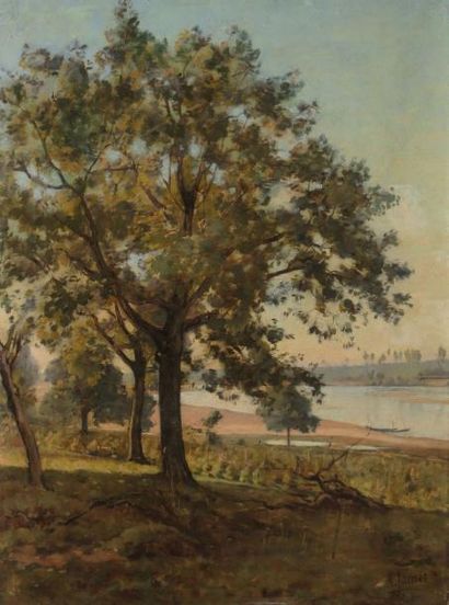 JAMET Henri, 1858-1921 Arbres au bord de rivière Huile sur toile, signée en bas à...